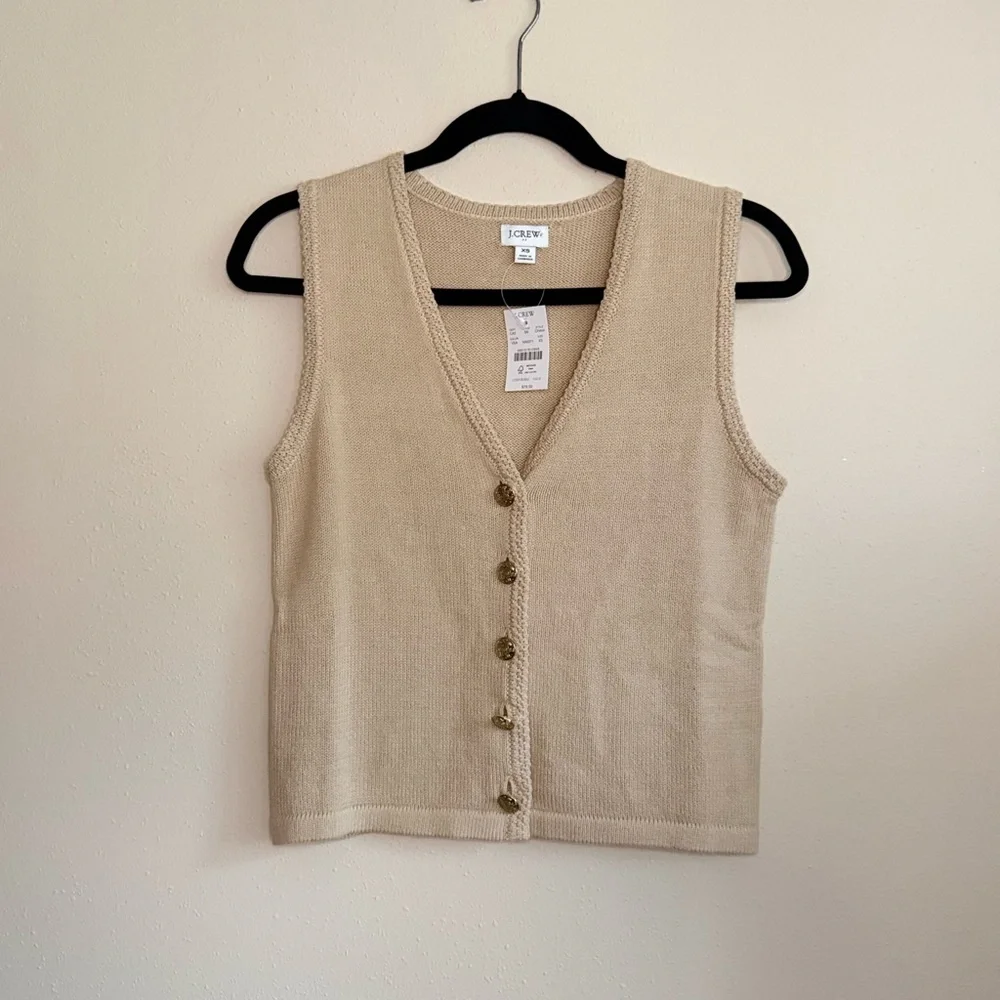 J.Crew NWT Oatmeal Sweater Vest Gold Crest Buttons V-Neck XS